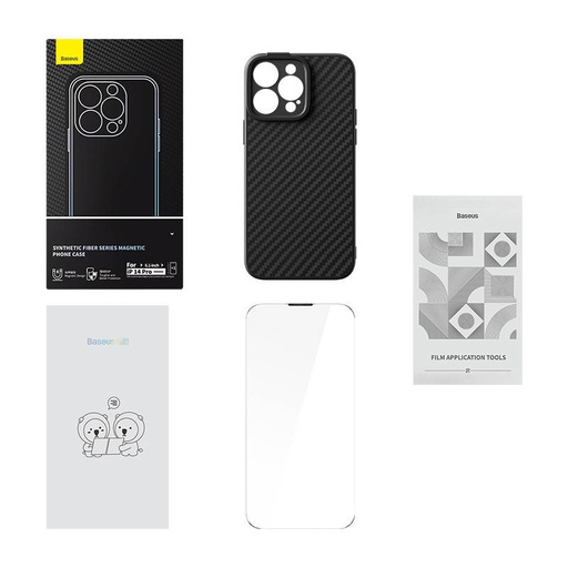 [047001] Magnetic Case Baseus Synthetic Fiber Series za iPhone 14 Pro (crna)+ kaljeno staklo + set za čišćenje